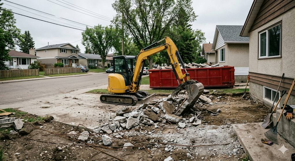 Compact excavator breaking up concrete driveway with red dumpster bin on Edmonton residential street