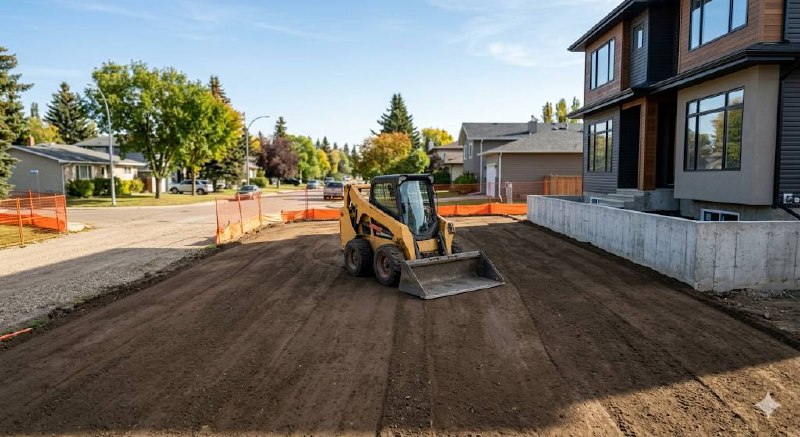 Bobcat skid steer on freshly graded residential lot next to modern Edmonton infill home