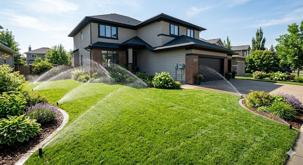 Sprinkler irrigation system watering lush green front yard with garden beds on Edmonton residential property