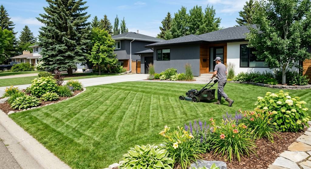 Worker mowing a well-maintained Edmonton front yard with clean mowing lines and garden beds