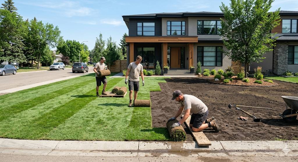 Three workers installing fresh sod rolls on Edmonton infill front yard