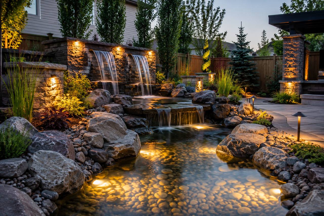 Illuminated backyard water feature with cascading waterfall into stone pond at dusk